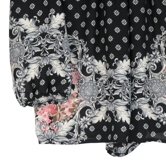 Black Floral Peasant Romper Womens Large Shorts Scalloped Long Sleeve Hippie - Picture 4 of 9